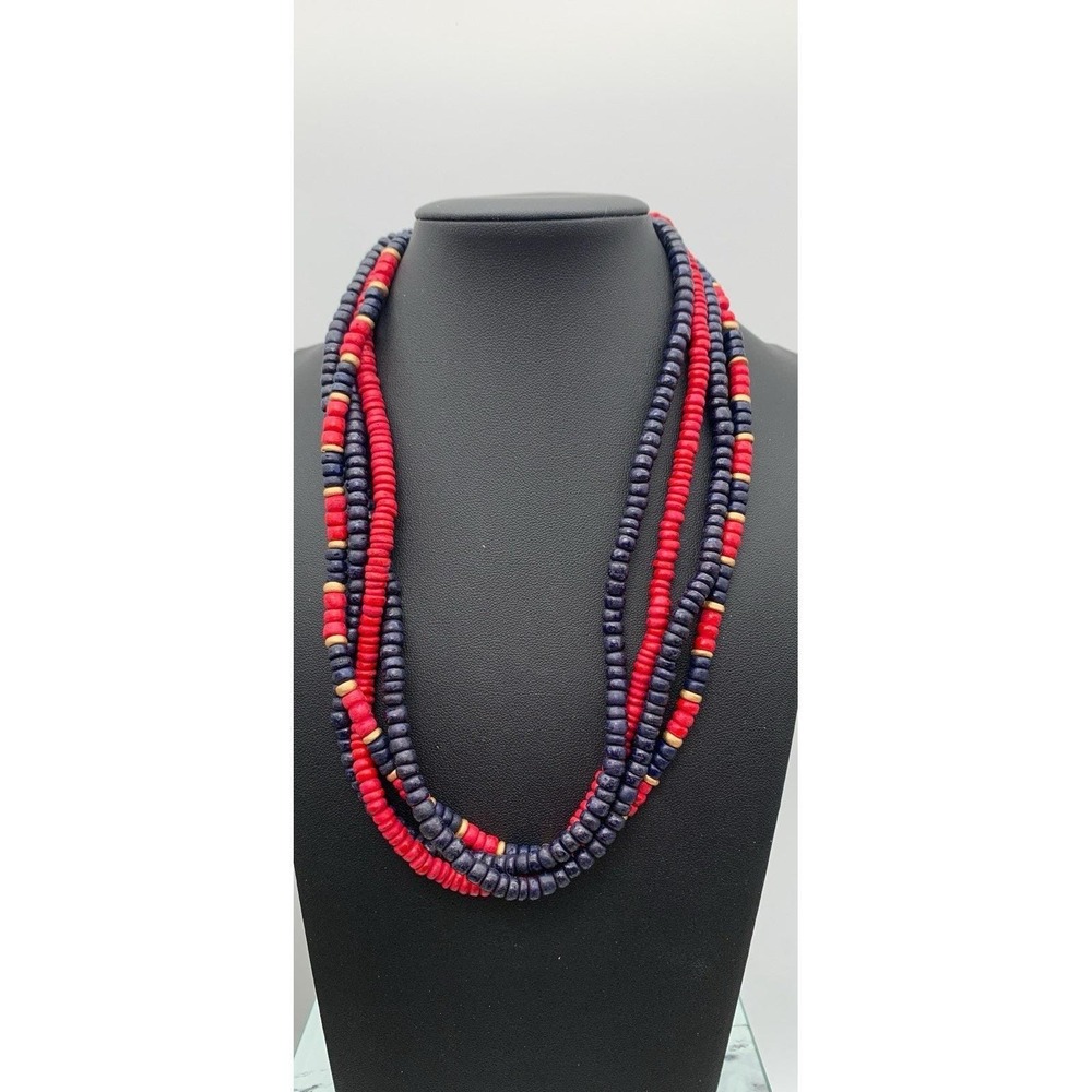 Vintage Red Blue & Gold 4 Layer Wood / Wooden Beaded Necklace 18 Inches